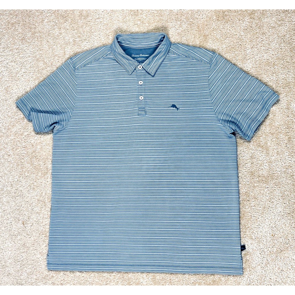 Tommy Bahama IslandZone Men's XL Blue/Gray Striped Polo Shirt Logo Buttons